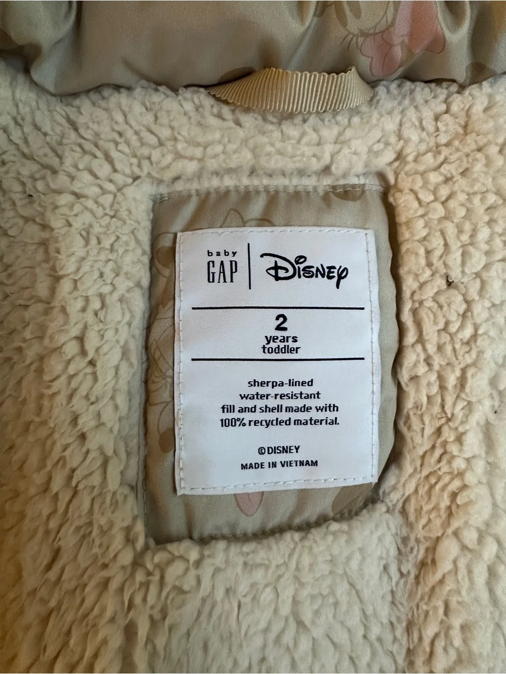 EUC Baby Gap×Disney Toddler Girl Sherpa Lined Puffer Jacket, Vintage Minnie, 2T